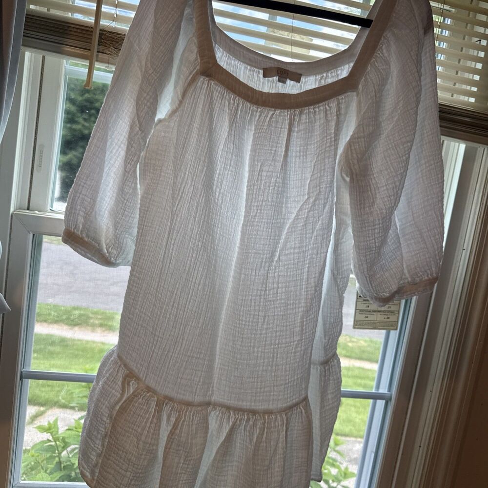 LOFT White Shift Dress Cotton Crinkle Square Neck 3/4 Sleeve Ruffle Hem XL